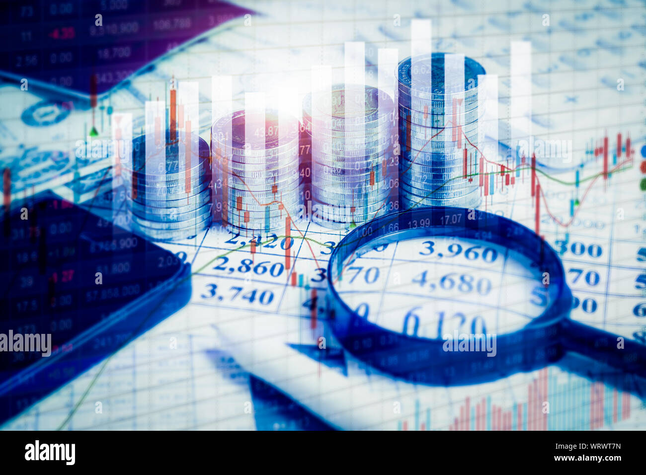 Double exposure Financial stock market in accounting market economy analysis. Digital stock exchange trade cost background with virtual graphic diagra Stock Photo