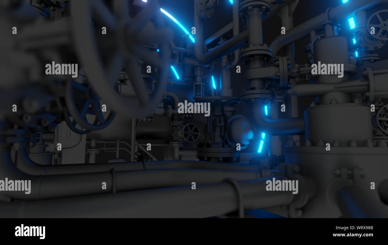 Abstract Industrial Equipment with Neon Lights. Ultraviolet light. 3D