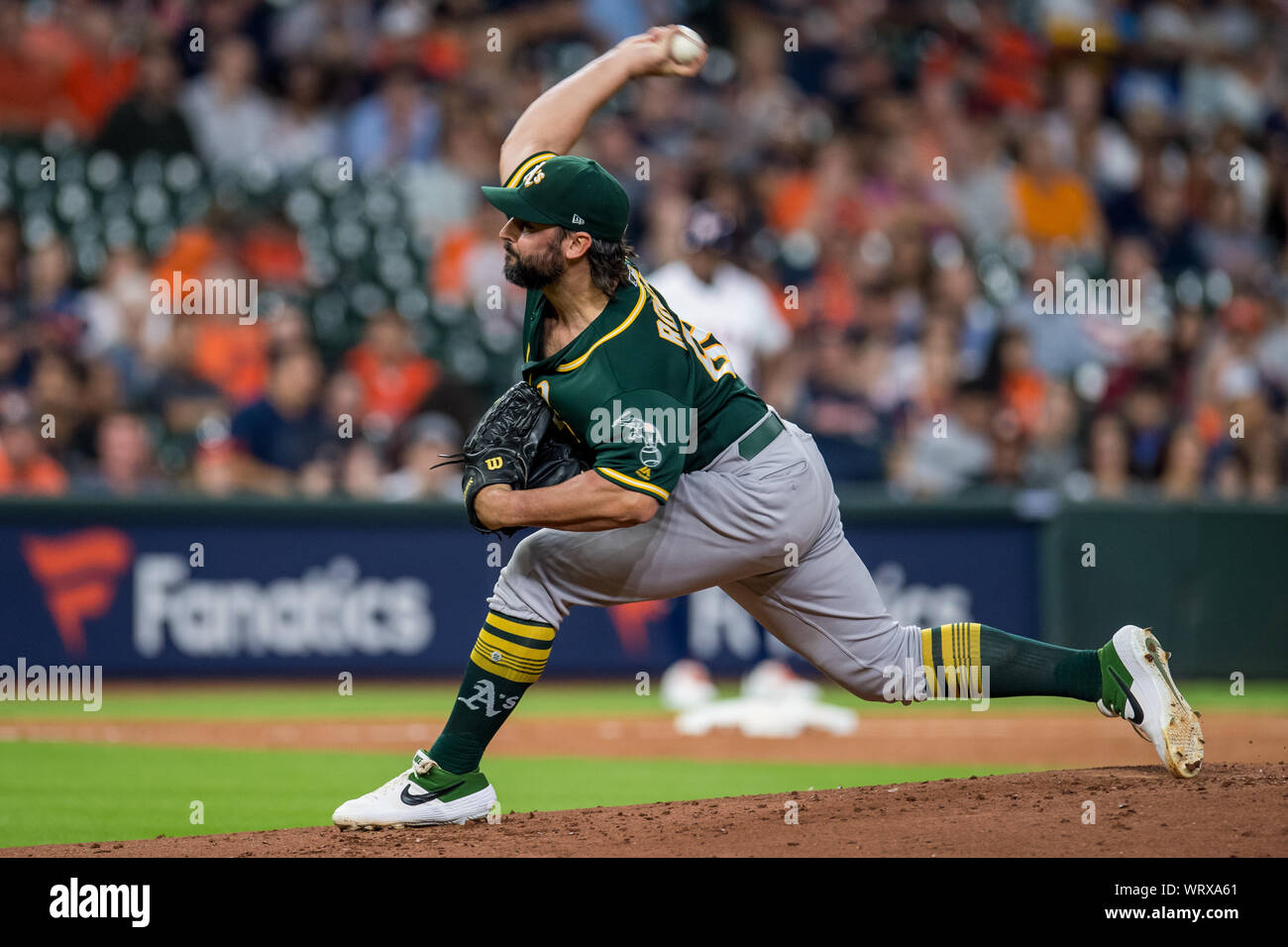 Houston, United States. 10th Sep, 2019. Oakland Athletics starting pitcher Tanner Roark pitches against the Houston Astros in the 1st inning at Minute Maid Park in Houston on Tuesday, September 10, 2019. Photo by Trask Smith/UPI Credit: UPI/Alamy Live News Stock Photo