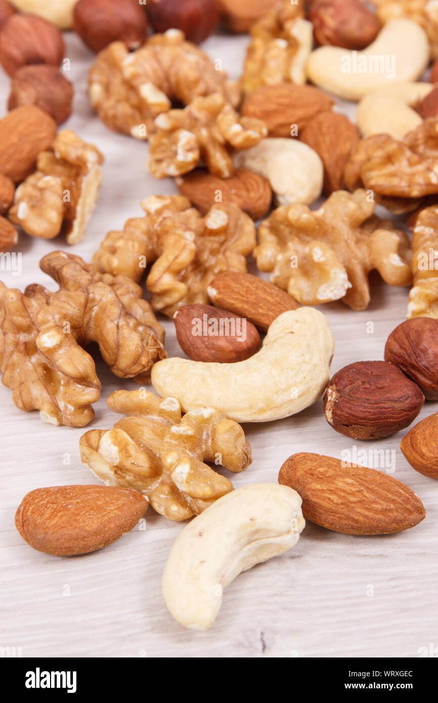 Various nuts and almonds containing healthy natural vitamins and