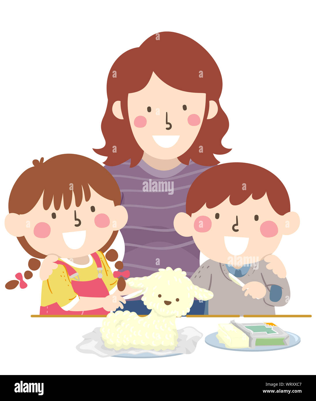 Illustration of Kids and Mother Making Carved Butter Lamb for Easter Stock Photo