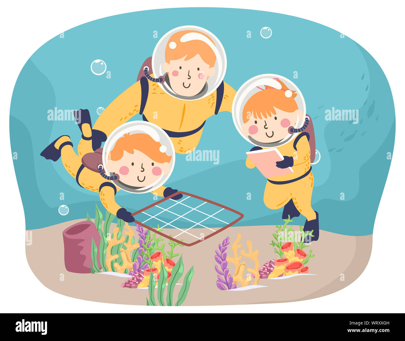 Illustration of Kids Scuba Diving with Teacher and Exploring Using Quadrat Method Stock Photo