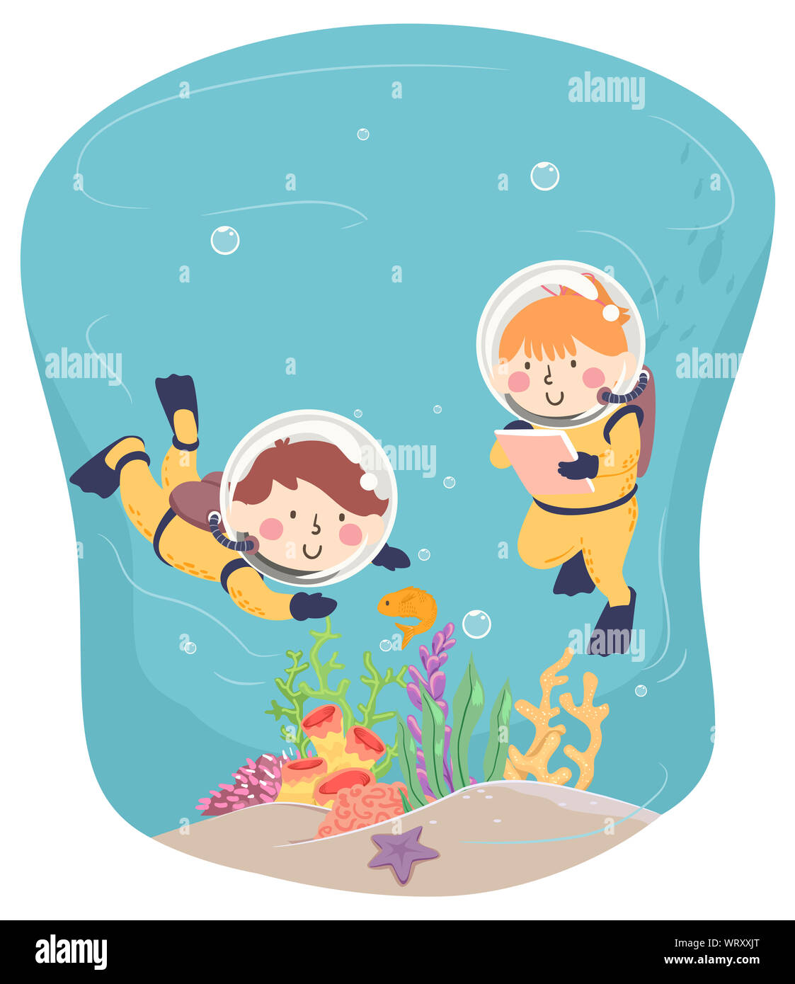 Illustration of Kids Scuba Diving and Writing Notes Underwater Stock