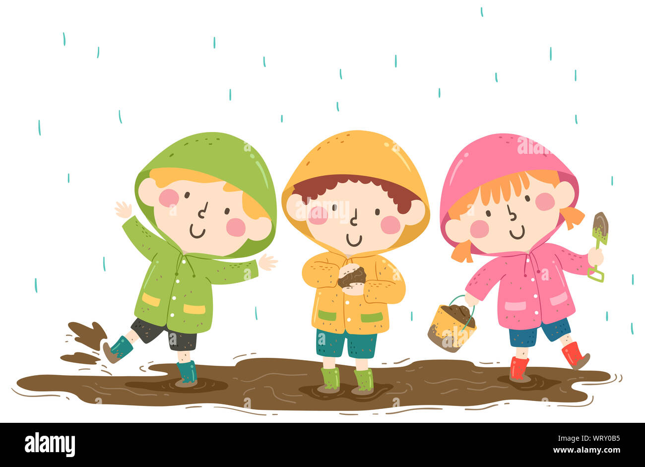 Illustration of Kids Wearing Raincoat and Boots Playing in the Mud Stock Photo