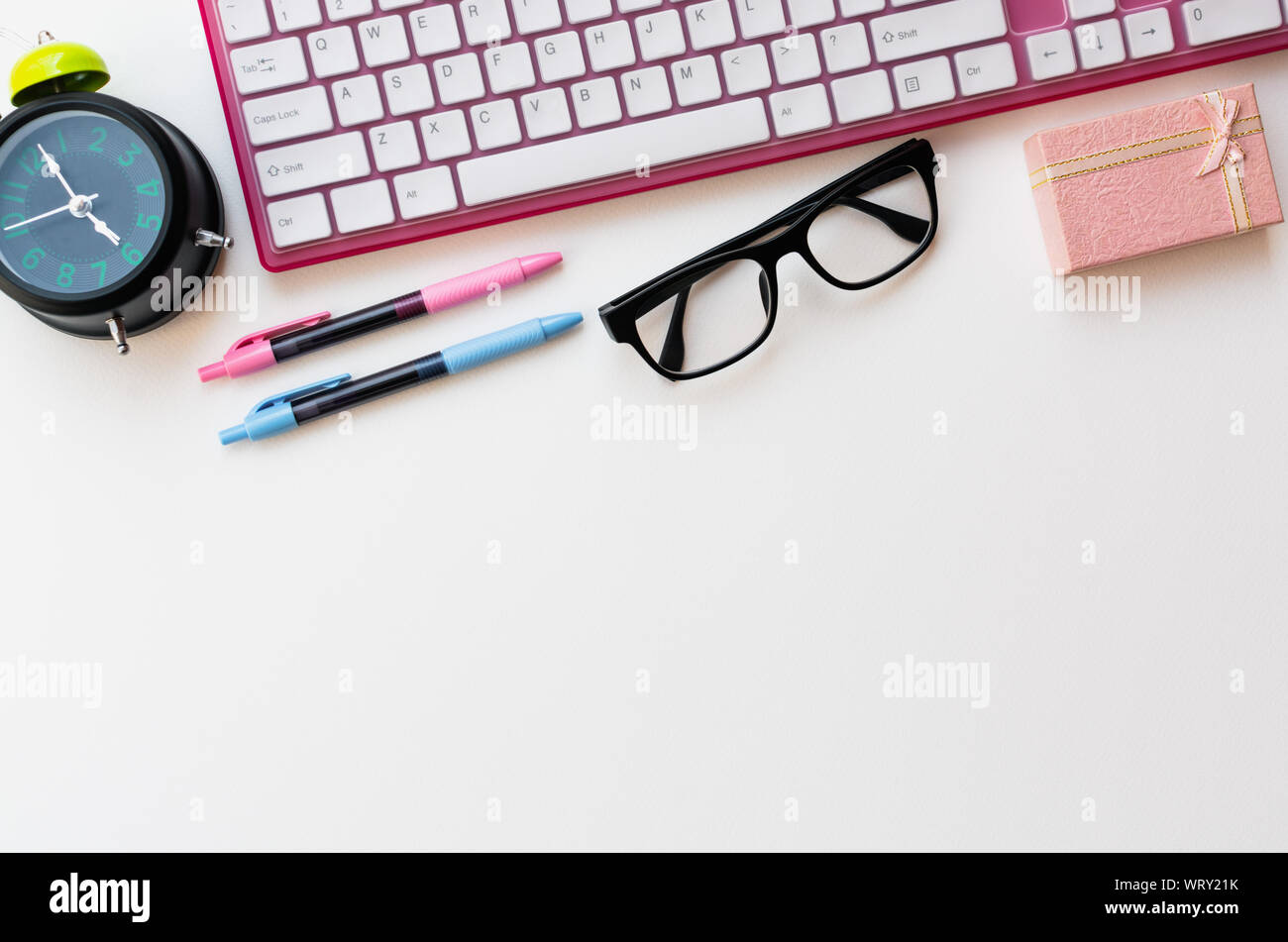 Office desk materials isolated on white paper background, Modern office