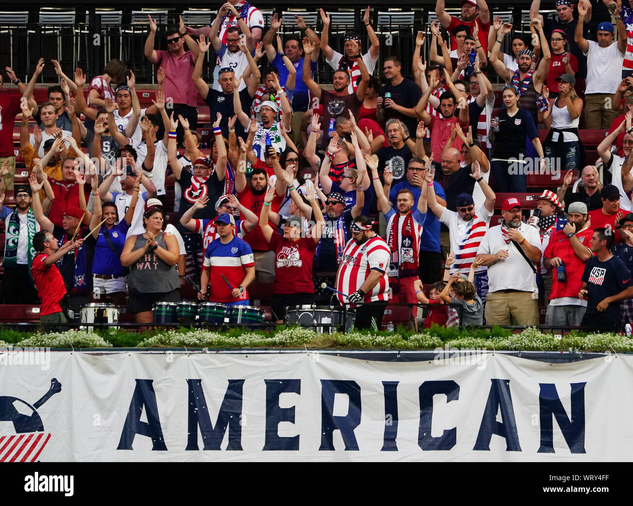 St. Louis, Missouri, USA. 10th Sep, 2019. Fans cheer for USA in the first half of a international friendly game between Urugay and the USA, at Busch Stadium in St. Louis on Tuesday, September 10, 2019.   Photo by Bill Greenblatt/UPI Credit: UPI/Alamy Live News Stock Photo
