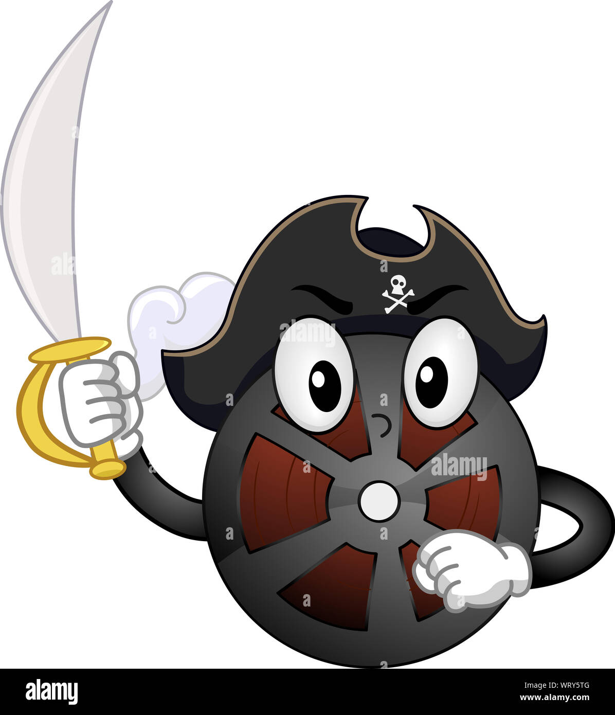 Illustration of a Film Mascot Wearing Pirate Hat and Sword. Film or Movie Piracy Stock Photo