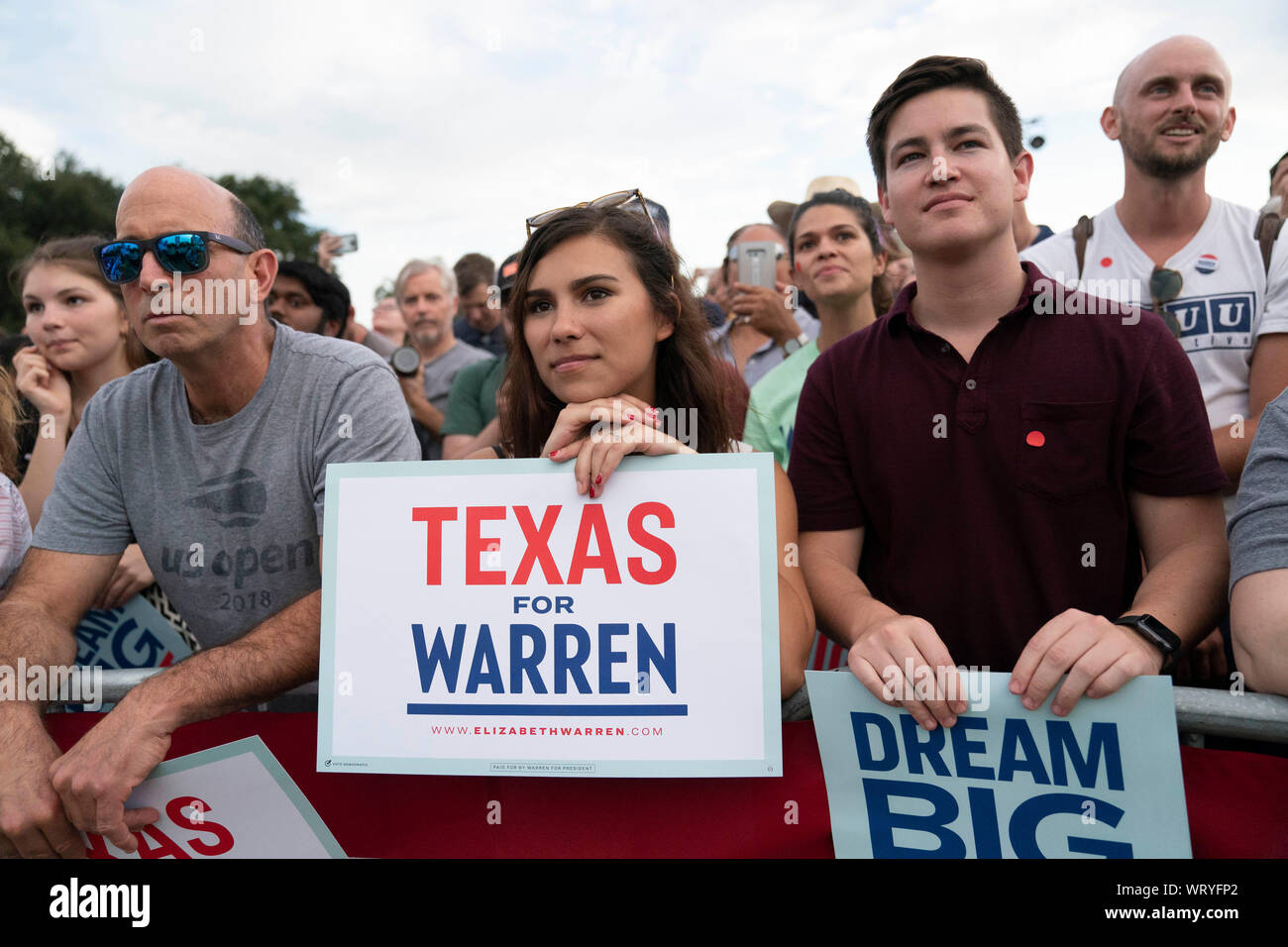 Austinites listen to Democratic presidential hopeful Sen. Elizabeth Warren of Massachusetts at a rally near downtown Austin, Texas. Stock Photo