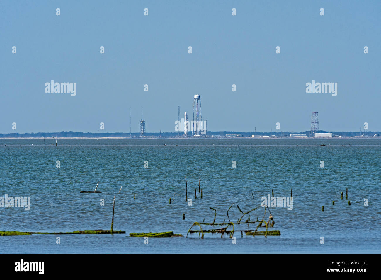 Rocket on the Pad for a Space Launch at Wallops Island in Virginia Stock Photo