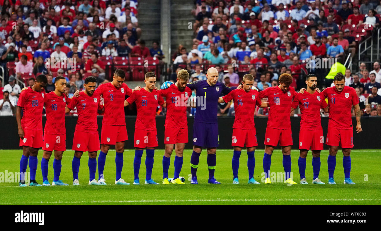 St. Louis, Missouri, USA. 10th Sep, 2019. Members of the USA men's soccer team lock arms for a moment of silence before a international friendly game against Uruguay at Busch Stadium in St. Louis on Tuesday, September 10, 2019.  Photo by Bill Greenblatt/UPI Credit: UPI/Alamy Live News Stock Photo
