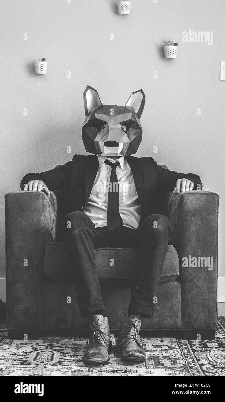 Man Sitting On Sofa Wearing Fox Mask Stock Photo - Alamy