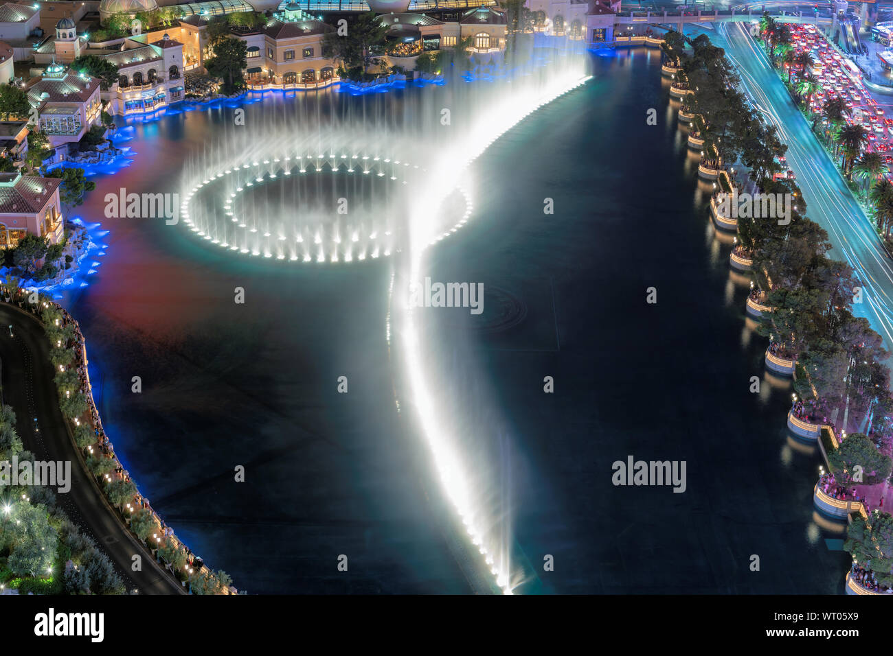 Aerial view of Fountain show in Las Vegas strip at night Stock Photo ...