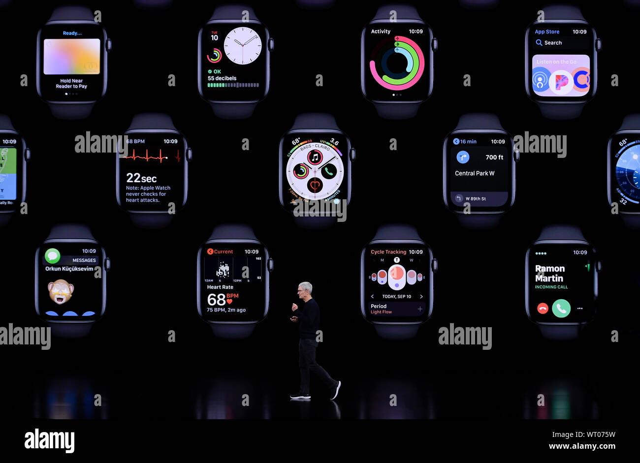 190911) -- SAN FRANCISCO, Sept. 11, 2019 (Xinhua) -- Apple CEO Tim Cook  introduces Apple Watch products during a product launch event at Apple's  headquarters in California, the United States, Sept. 10,