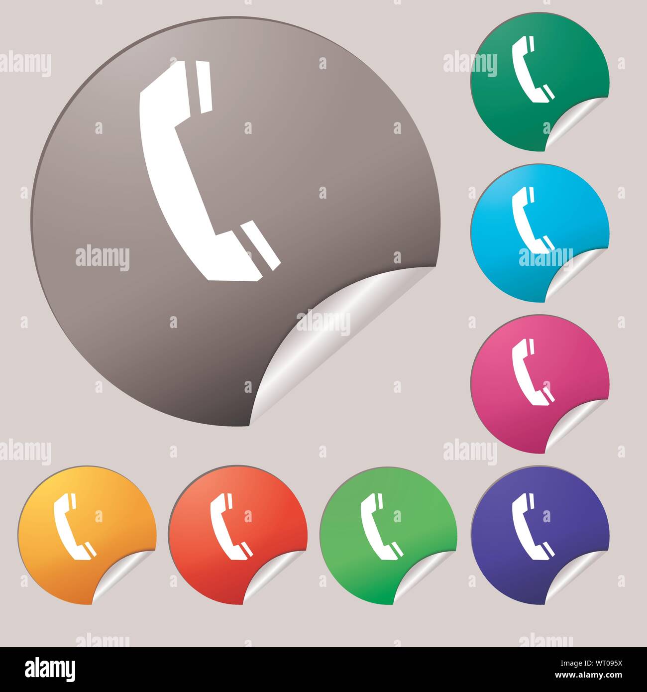 Phone sign icon. Support symbol. Call center. Set of eight multi colored round buttons, stickers. Vector Stock Vector