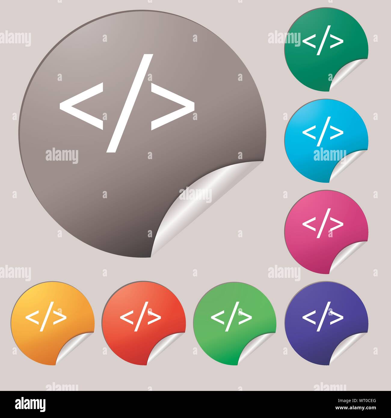 Code sign icon. Programming language symbol. Set of eight multi colored ...