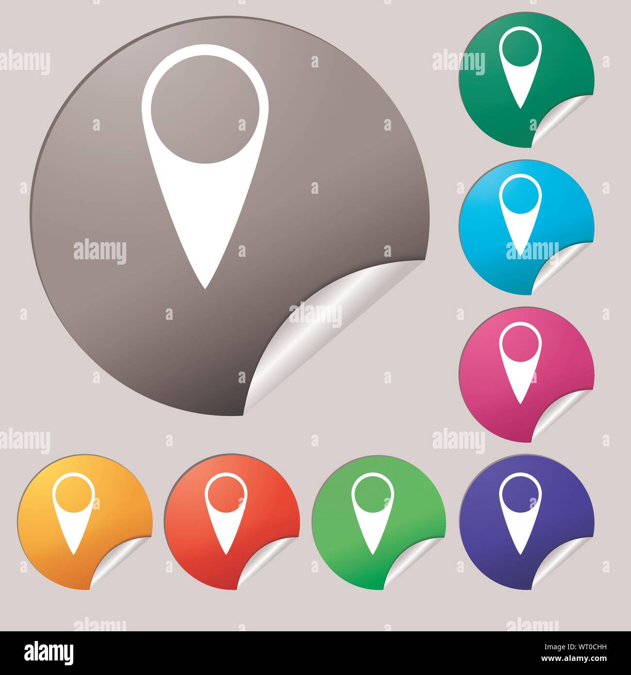 Map pointer icon. GPS location symbol. Set of eight multi colored round buttons, stickers. Vector Stock Vector
