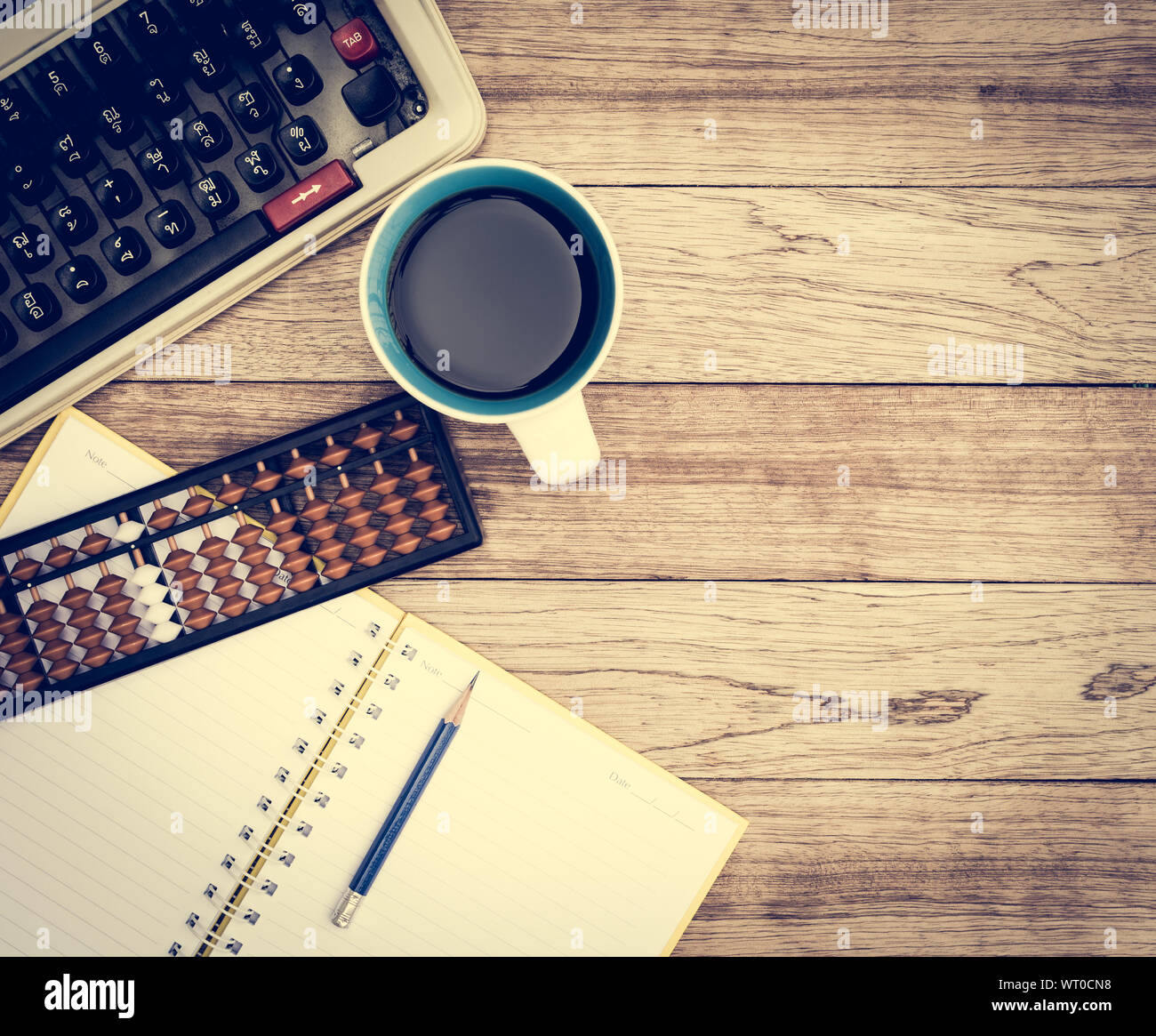 Office desk background. Coffee, notepad, pencil, abacus and ...