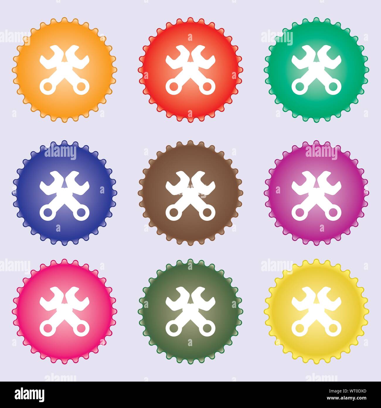 Wrench key sign icon. Service tool symbol. A set of nine different colored labels. Vector Stock Vector