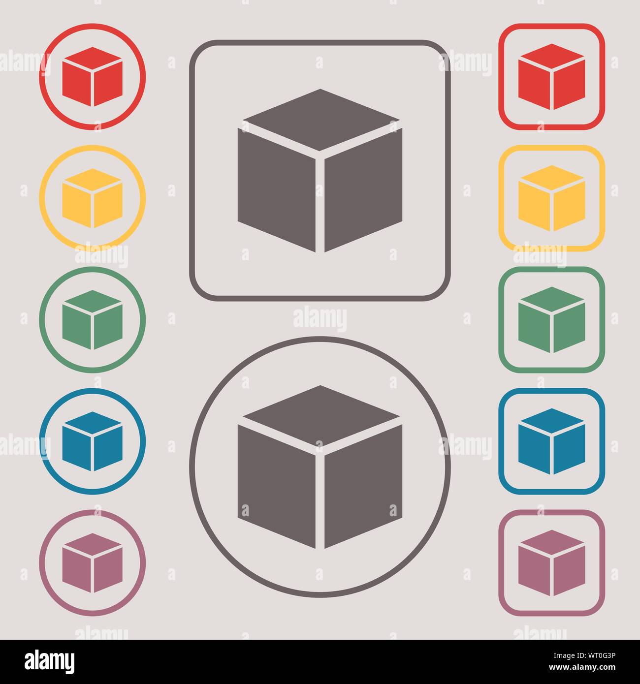 3d cube icon sign. Symbols on the Round and square buttons with frame. Vector Stock Vector