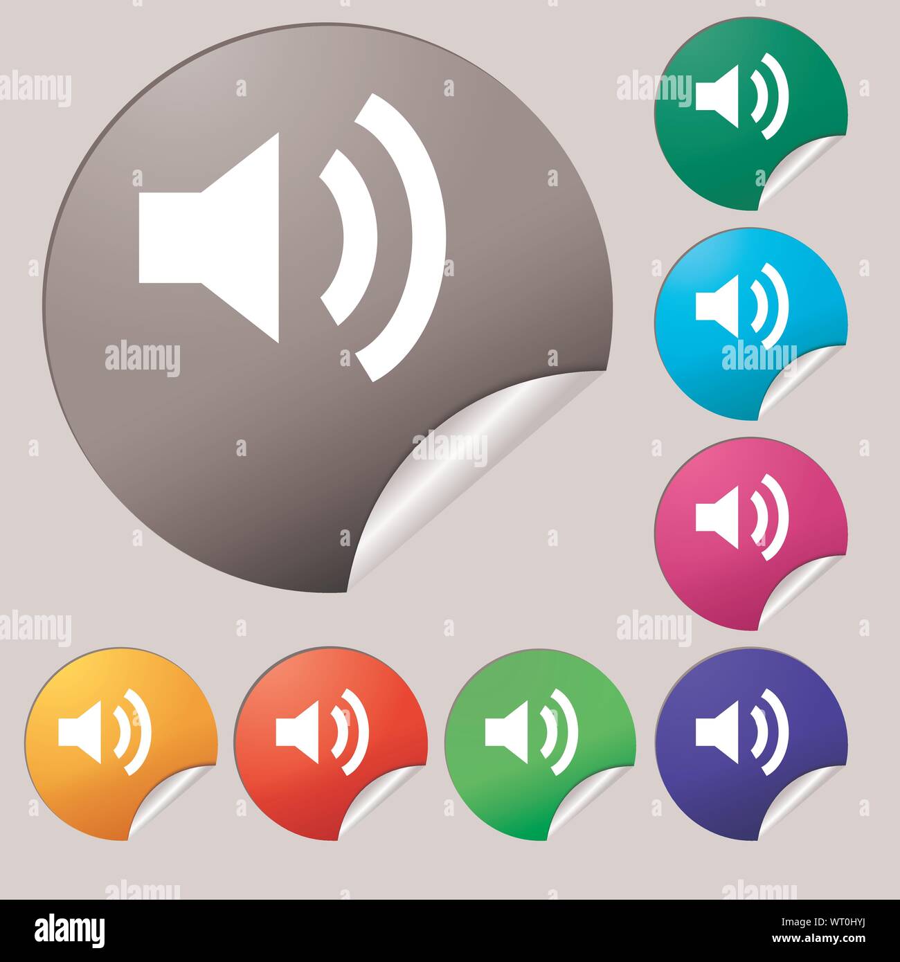 Speaker volume sign icon. Sound symbol. Set of eight multi colored round buttons, stickers. Vector Stock Vector