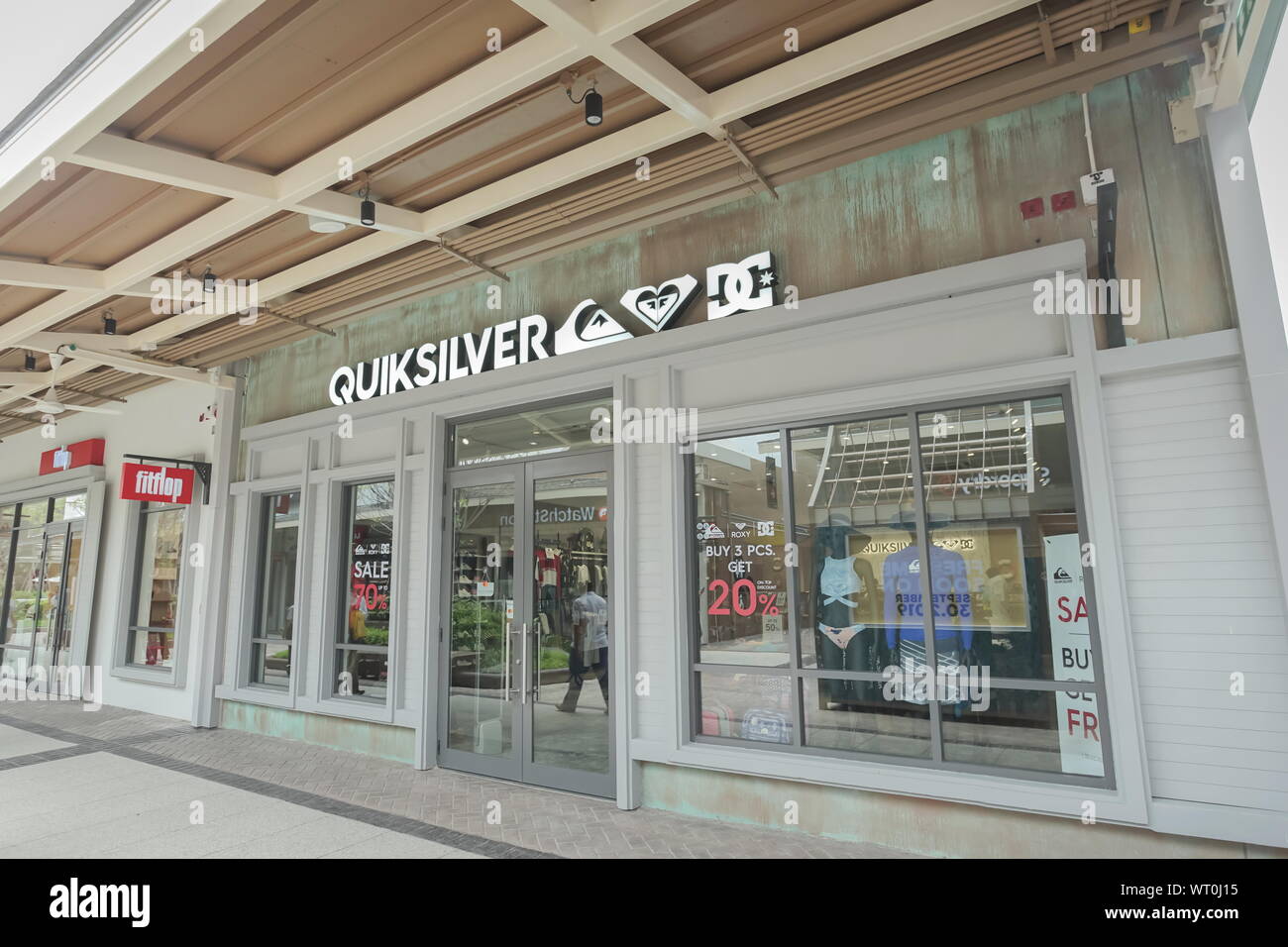 Samut Prakan, Thailand - September 06, 2019: Quicksilver, Roxy and DC store in the new one shopping mall named Central Village. Stock Photo