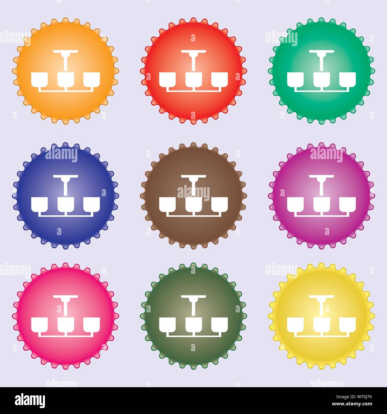 Chandelier Light Lamp icon sign. A set of nine different colored labels. Vector Stock Vector