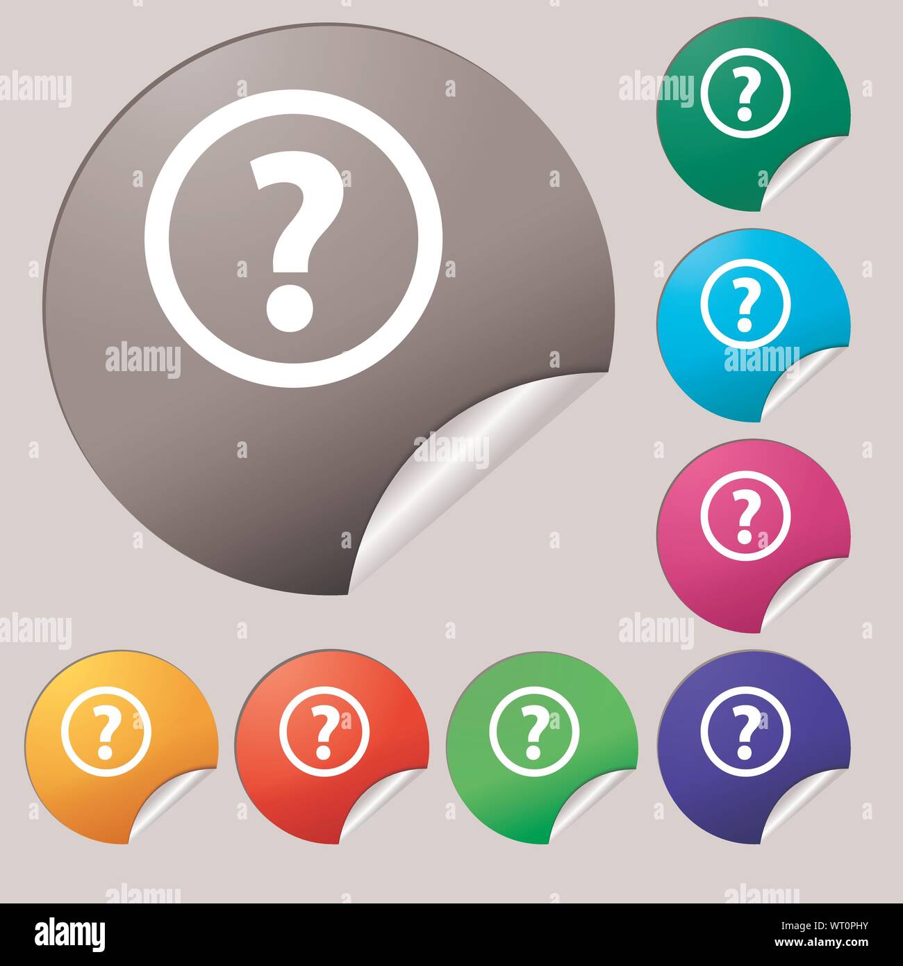 Question mark sign icon. Help speech bubble symbol. FAQ sign. Set of eight multi colored round buttons, stickers. Vector Stock Vector