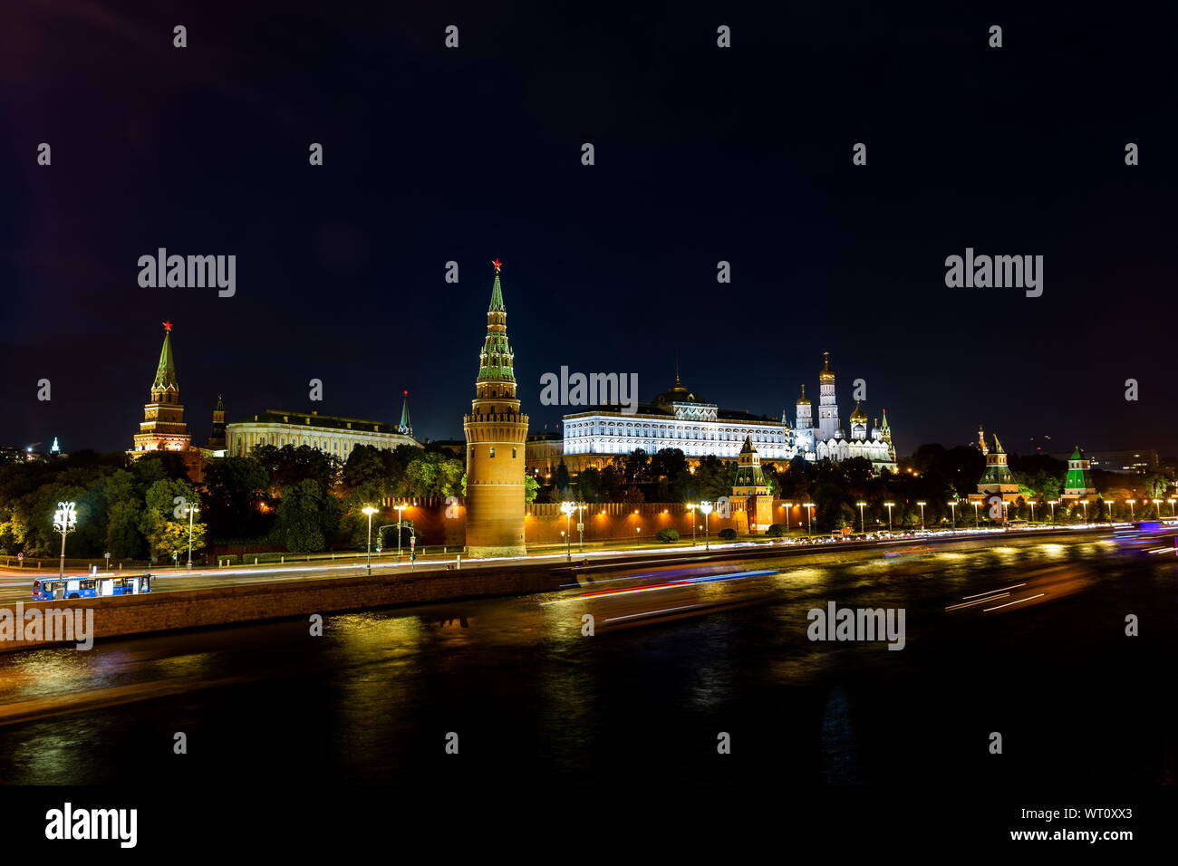 Illuminated Moscow Kremlin, Kremlin Embankment and Moscow River at night in Moscow, Russia. Stock Photo