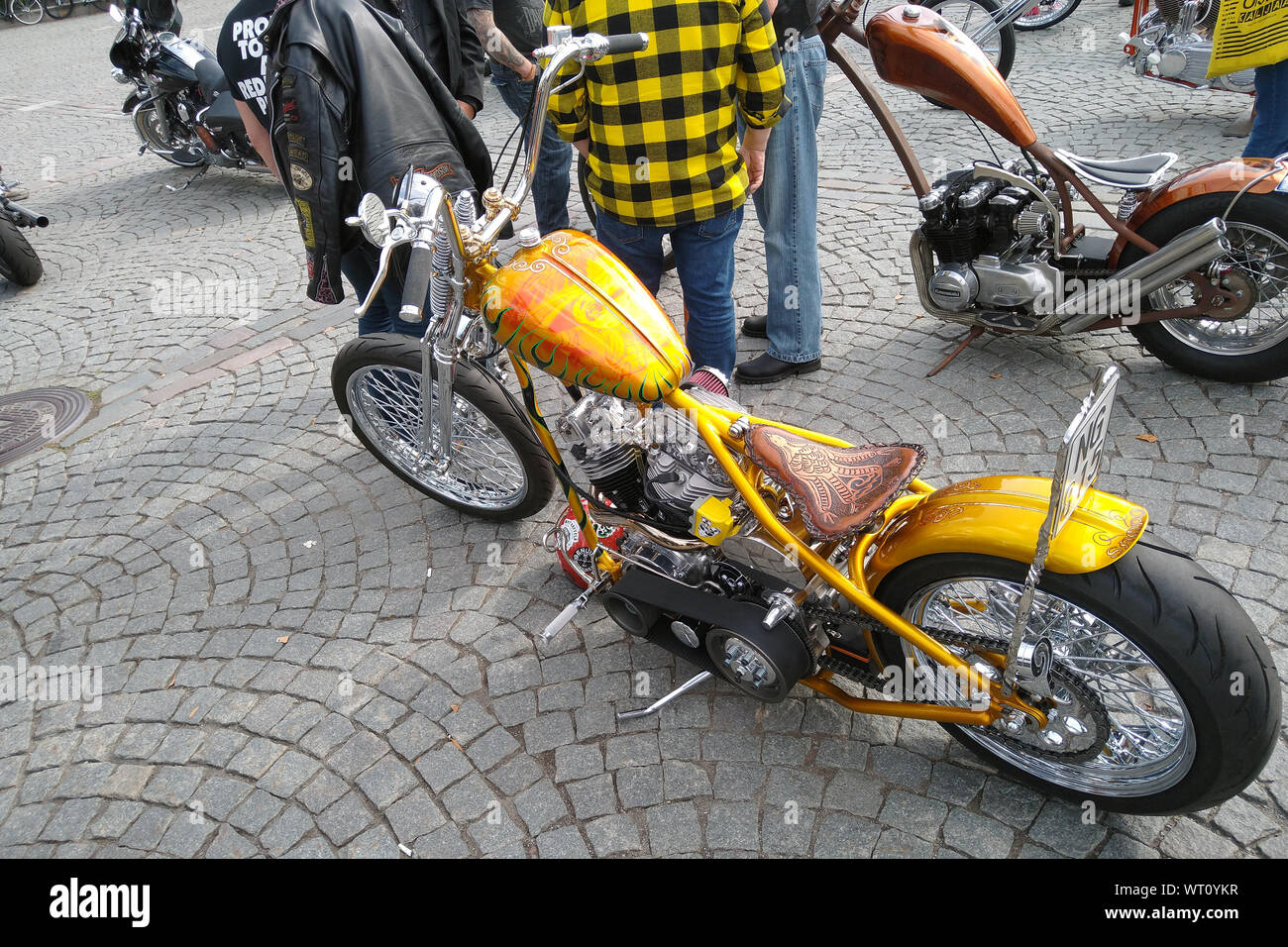 Customized motorcycle with Finnish national epic Kalevala theme. Stock Photo