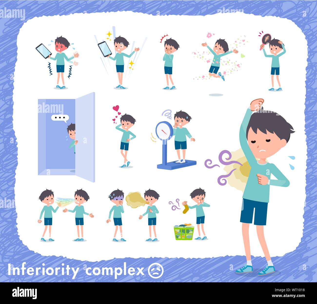 A set of boy on inferiority complex.There are actions suffering from smell and appearance.It's vector art so it's easy to edit. Stock Vector