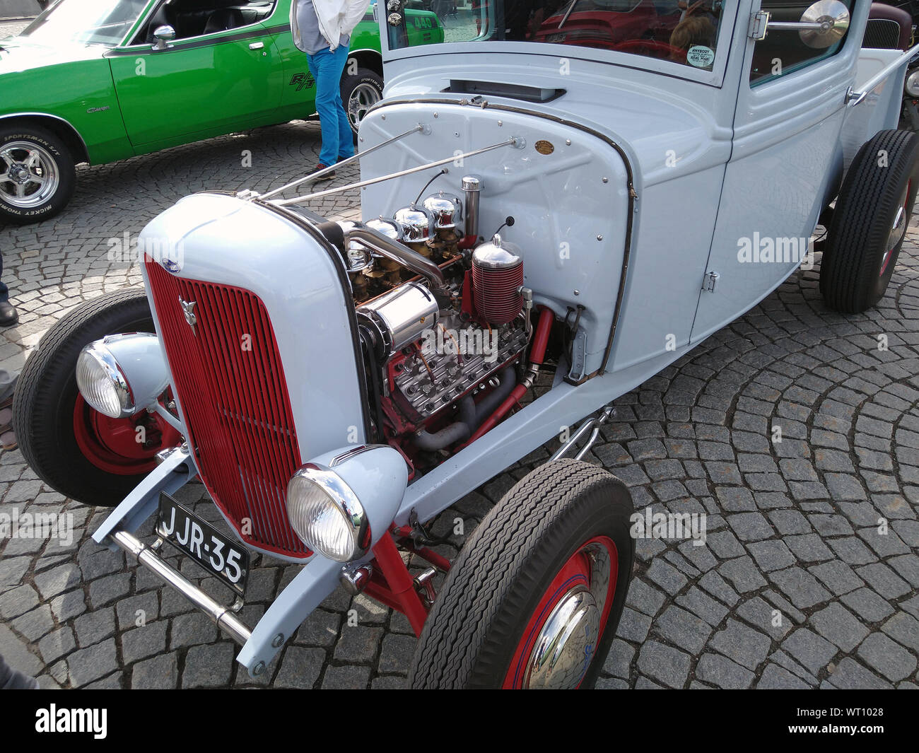 Tampere, Finland - August 31, 2019: People looking old cars at the Mansen Mäntä Messut (Tampere piston fair in English). Stock Photo