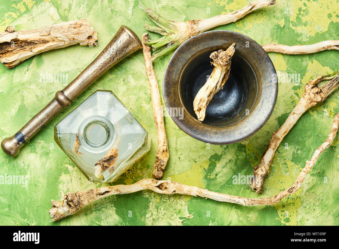 Traditional alcoholic drink from horseradish roots.Fresh horseradish