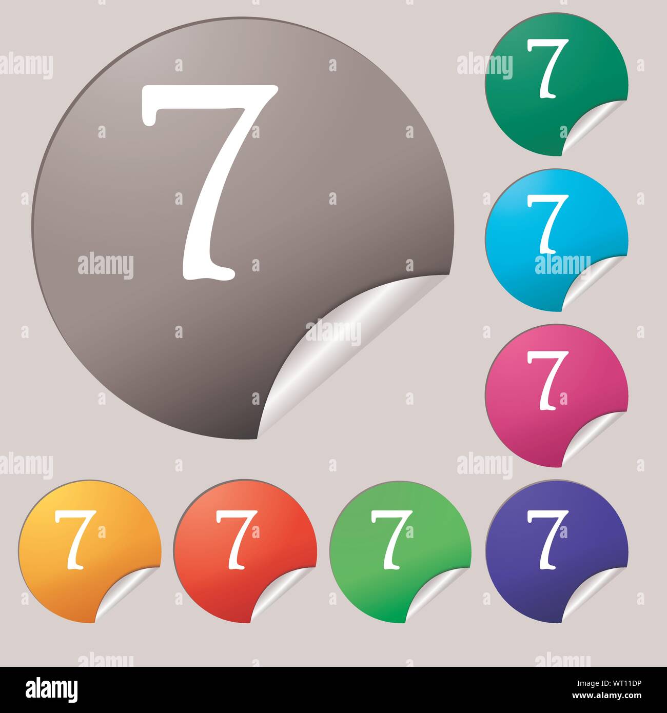 number seven icon sign. Set of eight multi colored round buttons, stickers. Vector Stock Vector