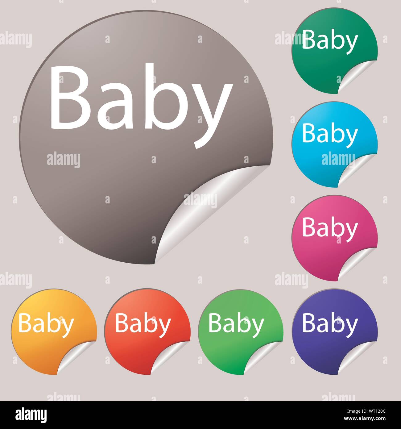Baby on board sign icon. Infant in car caution symbol. Baby-pacifier nipple. Set of eight multi colored round buttons, stickers. Vector Stock Vector