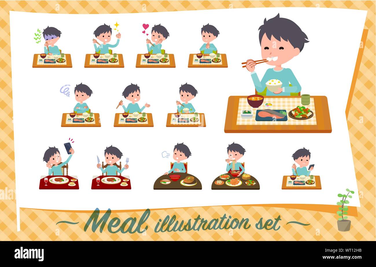 A set of boy about meals.Japanese and Chinese cuisine, Western style dishes and so on.It's vector art so it's easy to edit. Stock Vector