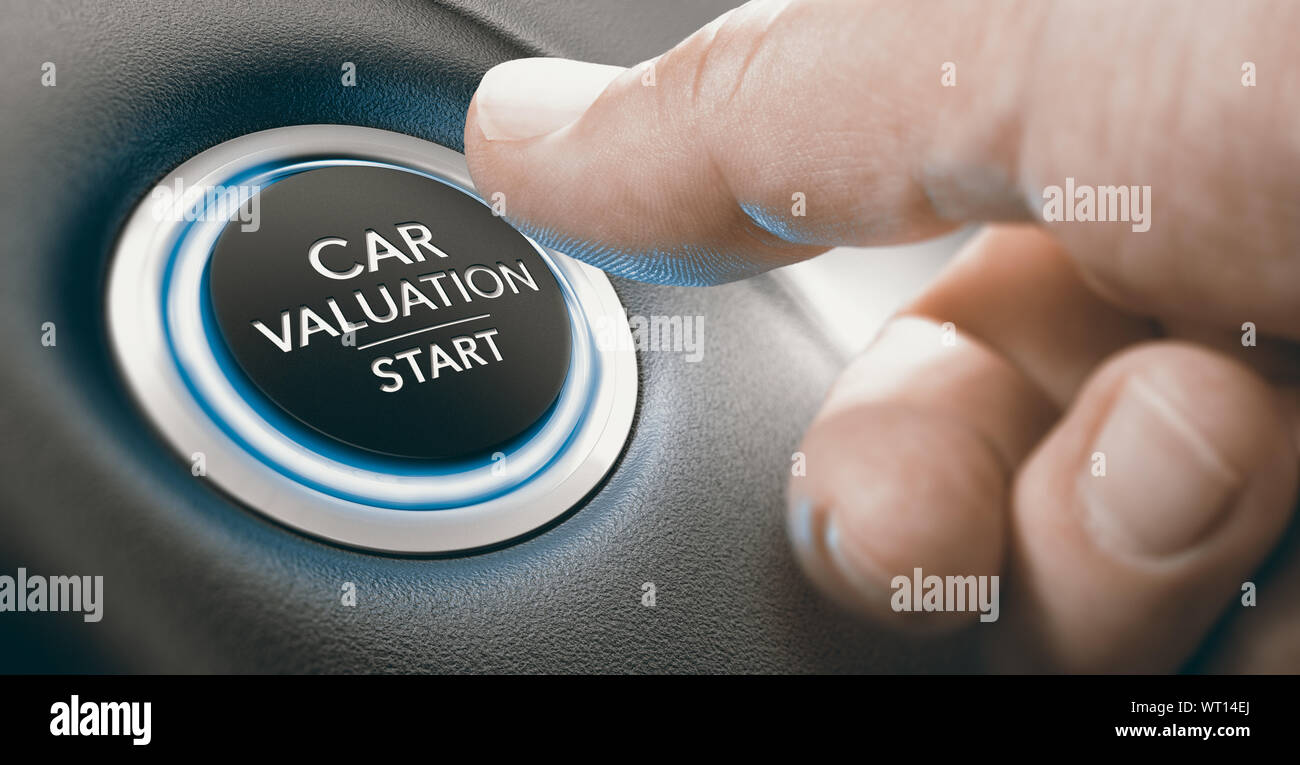 Finger pressing a keyless ingnition button where it is written the text car valuation start. Composite image between a hand photography and a 3D backg Stock Photo