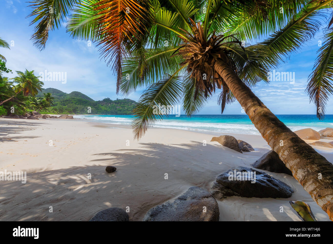Exotic beach with white sand and tropical sea on Paradise island. Stock Photo