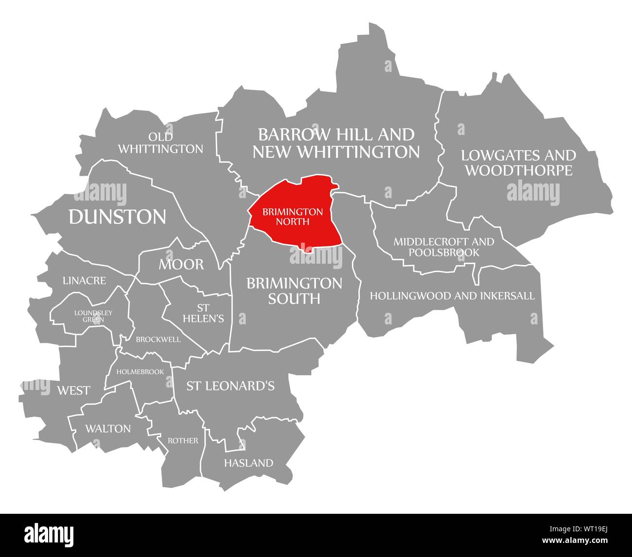 Brimington North red highlighted in map of Chesterfield district in