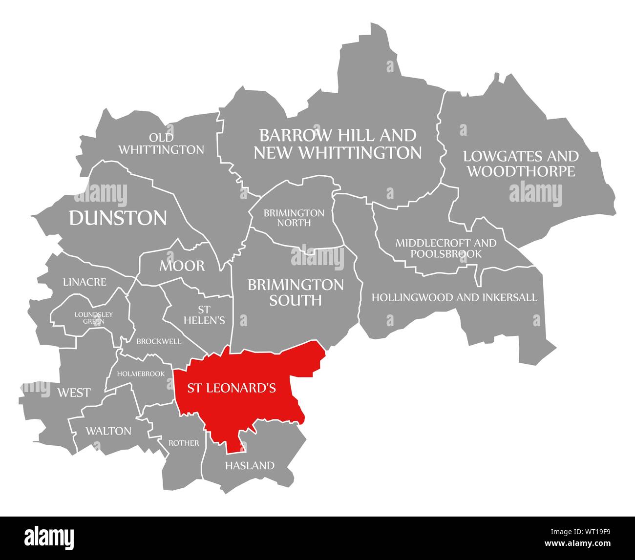 St Leonards red highlighted in map of Chesterfield district in East Midlands England UK Stock Photo