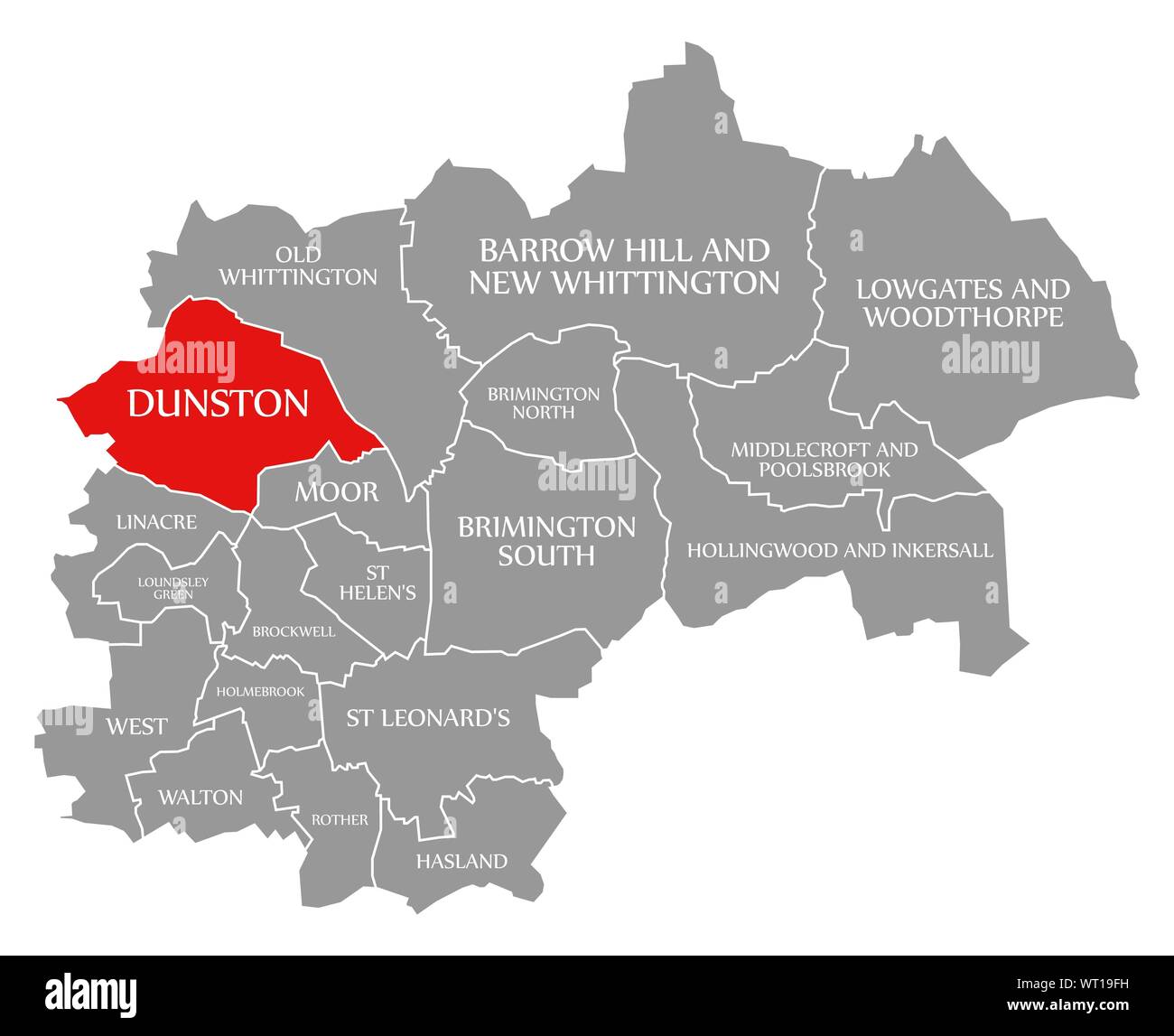 Dunston red highlighted in map of Chesterfield district in East