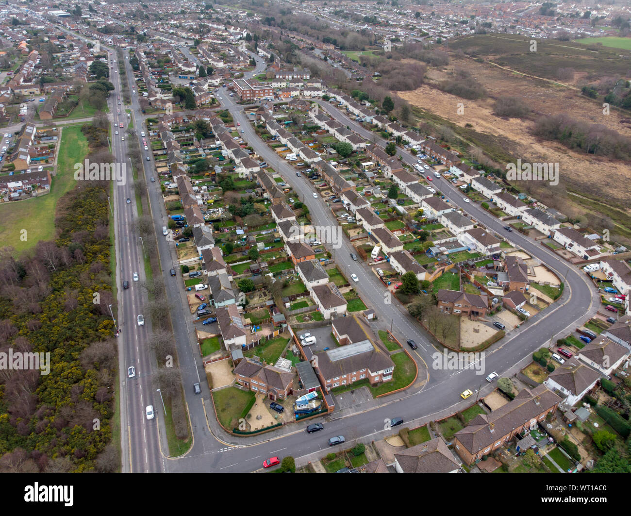 Aerial photo of the town of Aylesbury in the UK showing roads