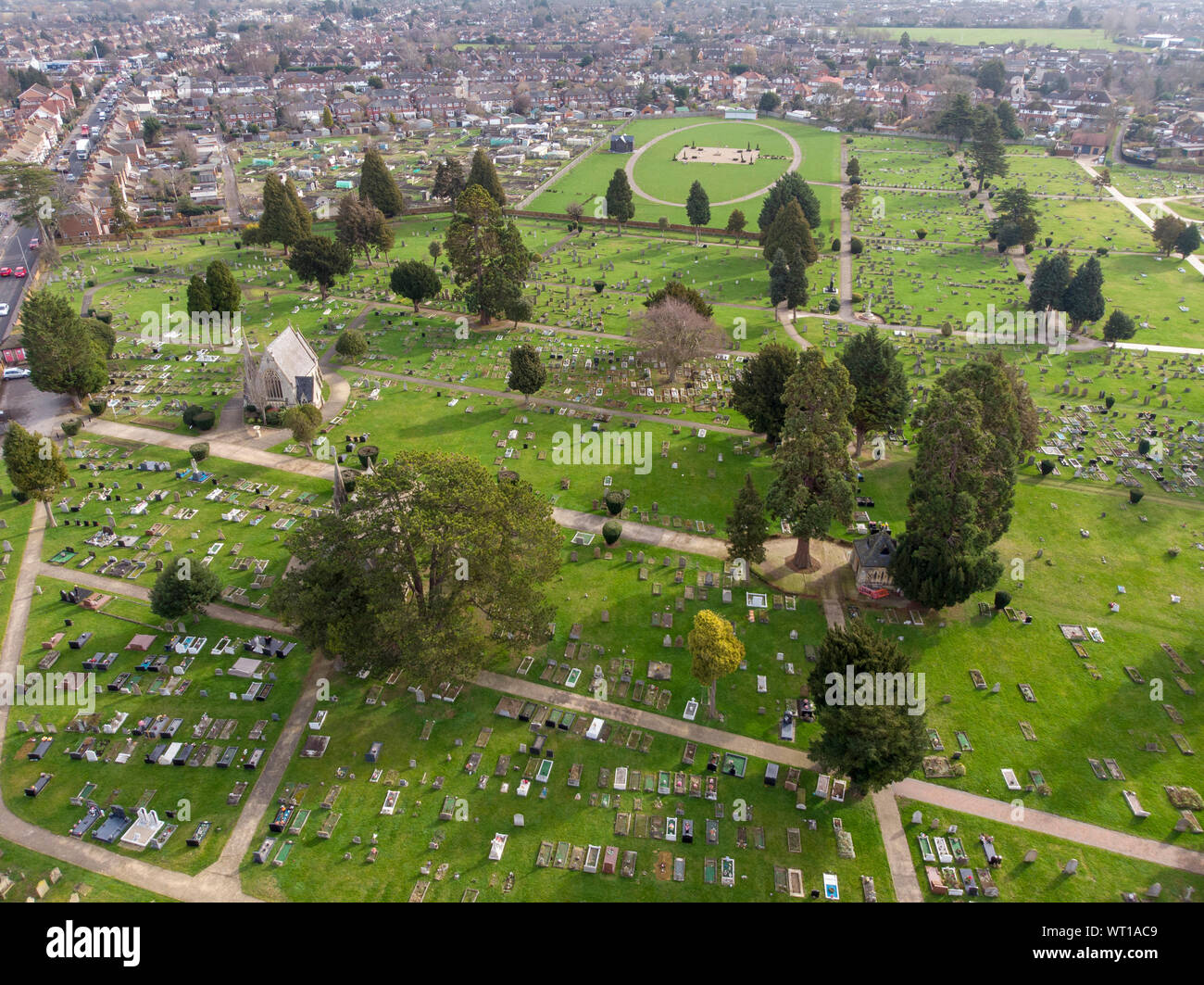 Aerial photo showing a graveyard taken in the UK town of Aylesbury near London Stock Photo Alamy