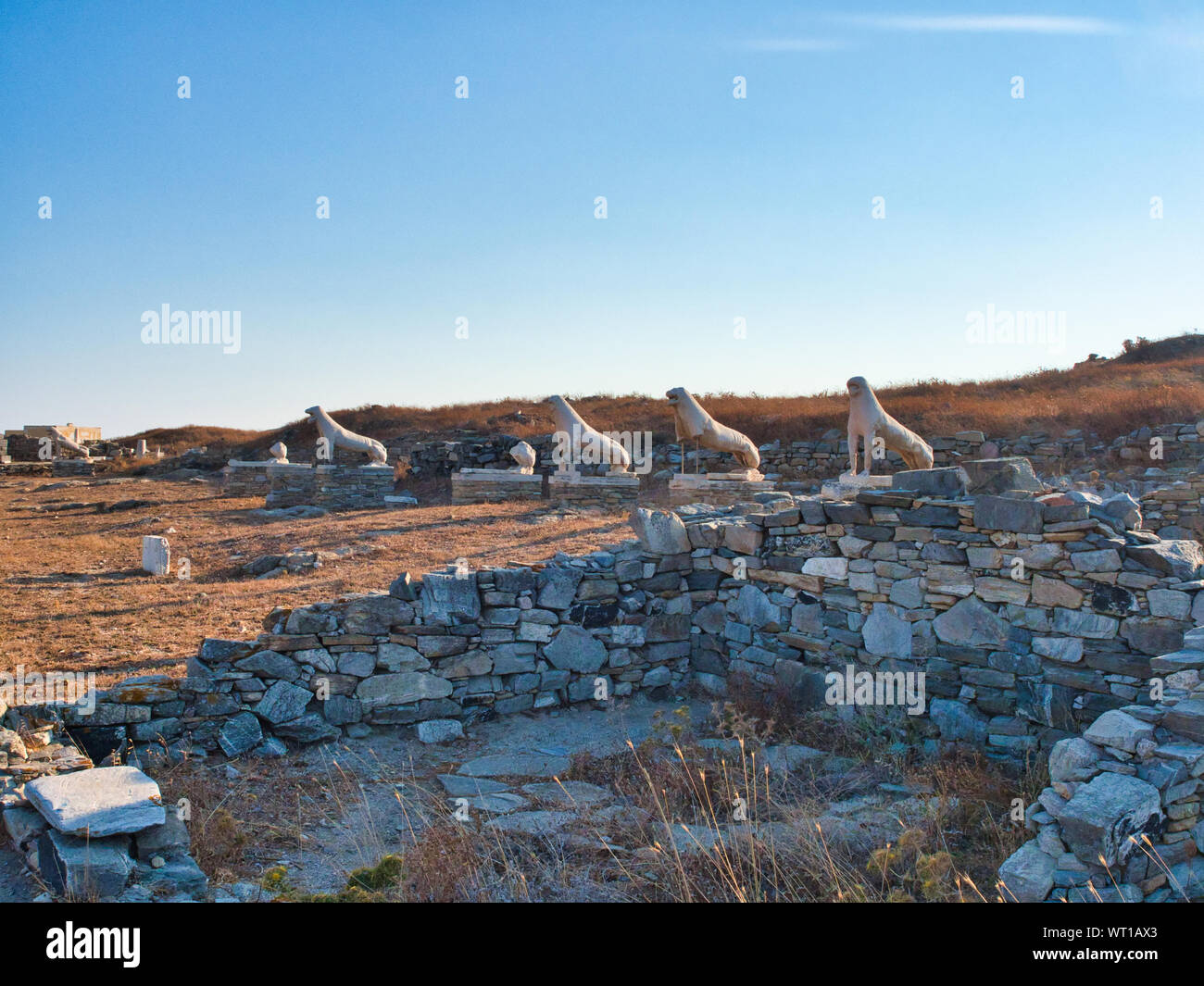 Ruined stone building and statues of lions set on pedestals on sacred island of Delos Greece against blue sky background Stock Photo