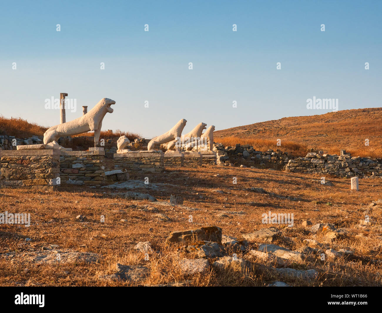 Marble sculptures of animals with open mouth by stone remains of ancient city on Delos Greece against nature background Stock Photo