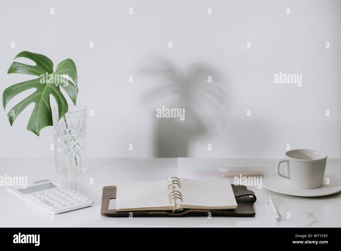 Monstera tropical palm leaves in a glass vase standing on office table ...