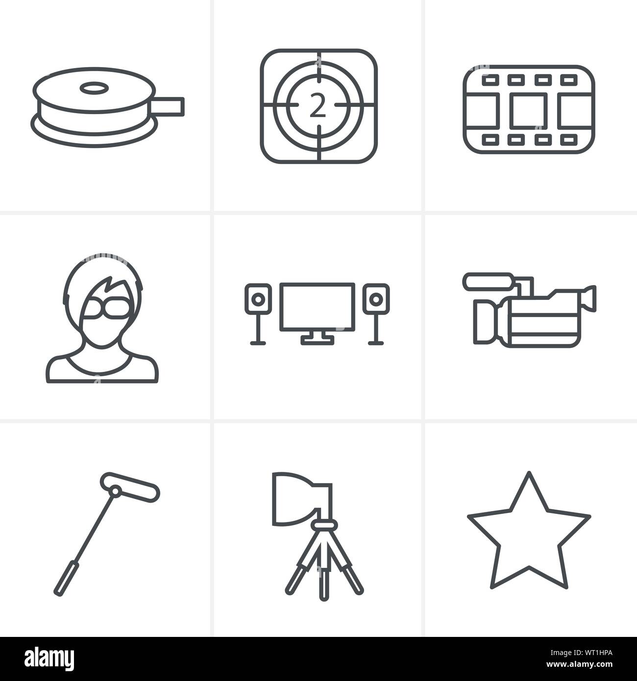 Line Icons Style vector black movie icon set on gray Stock Vector