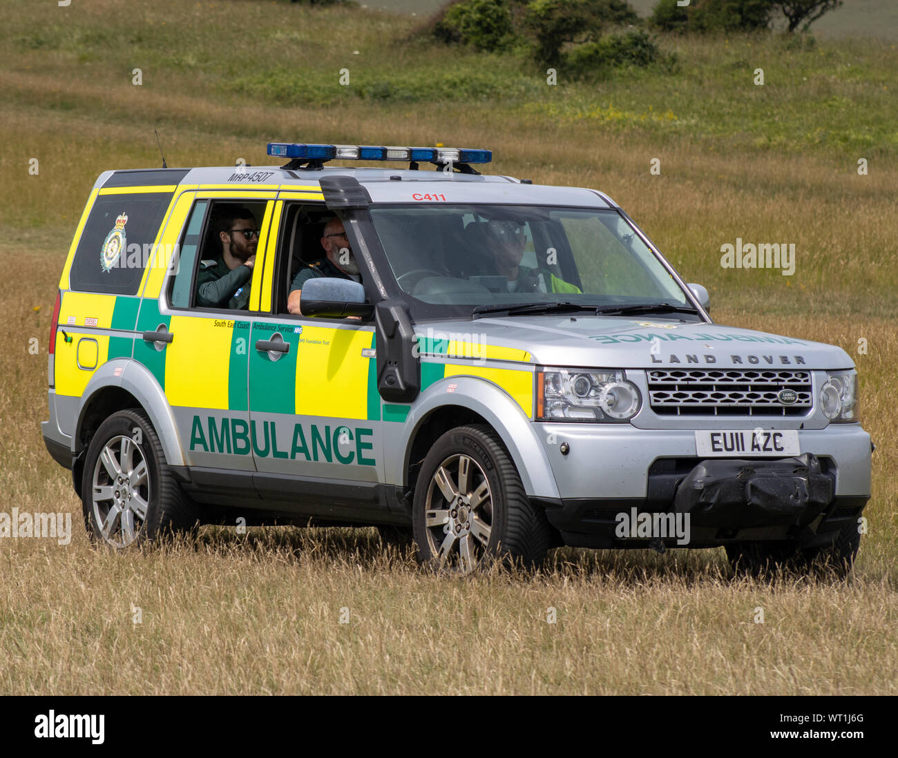 East Sussex, Beachy Head, UK 10th July 2019: A Land Rover Ambulance attending an incident at the Beachy Head cliff tops. Stock Photo