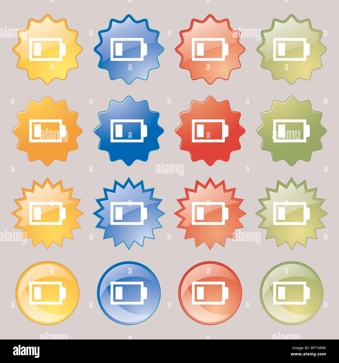 Battery low level sign icon. Electricity symbol. Big set of 16 colorful modern buttons for your design. Vector Stock Vector