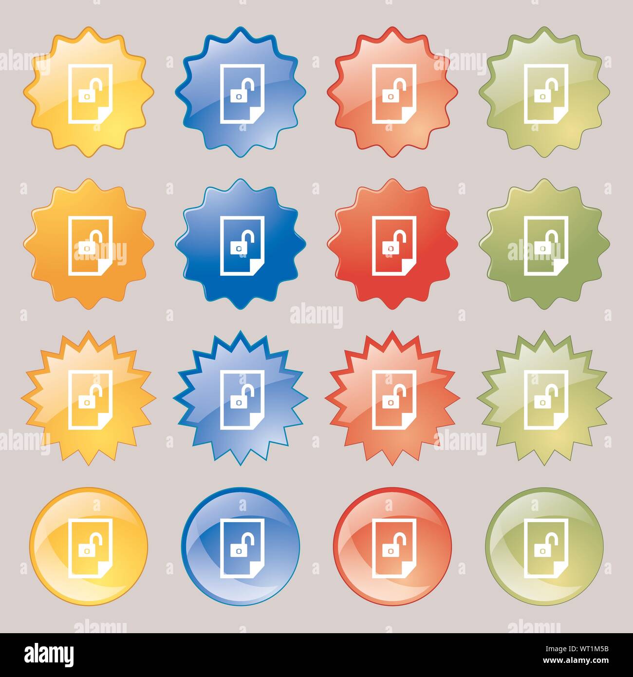file unlocked icon sign. Big set of 16 colorful modern buttons for your design. Vector Stock Vector