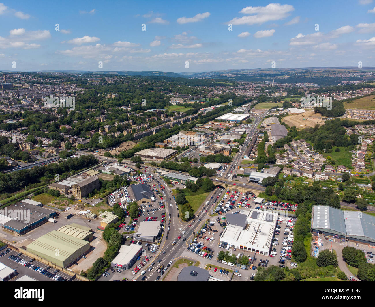 Aerial photo of the British West Yorkshire town of Bradford, showing a typical housing estate in the heart of the city, taken with a drone on a bright Stock Photo